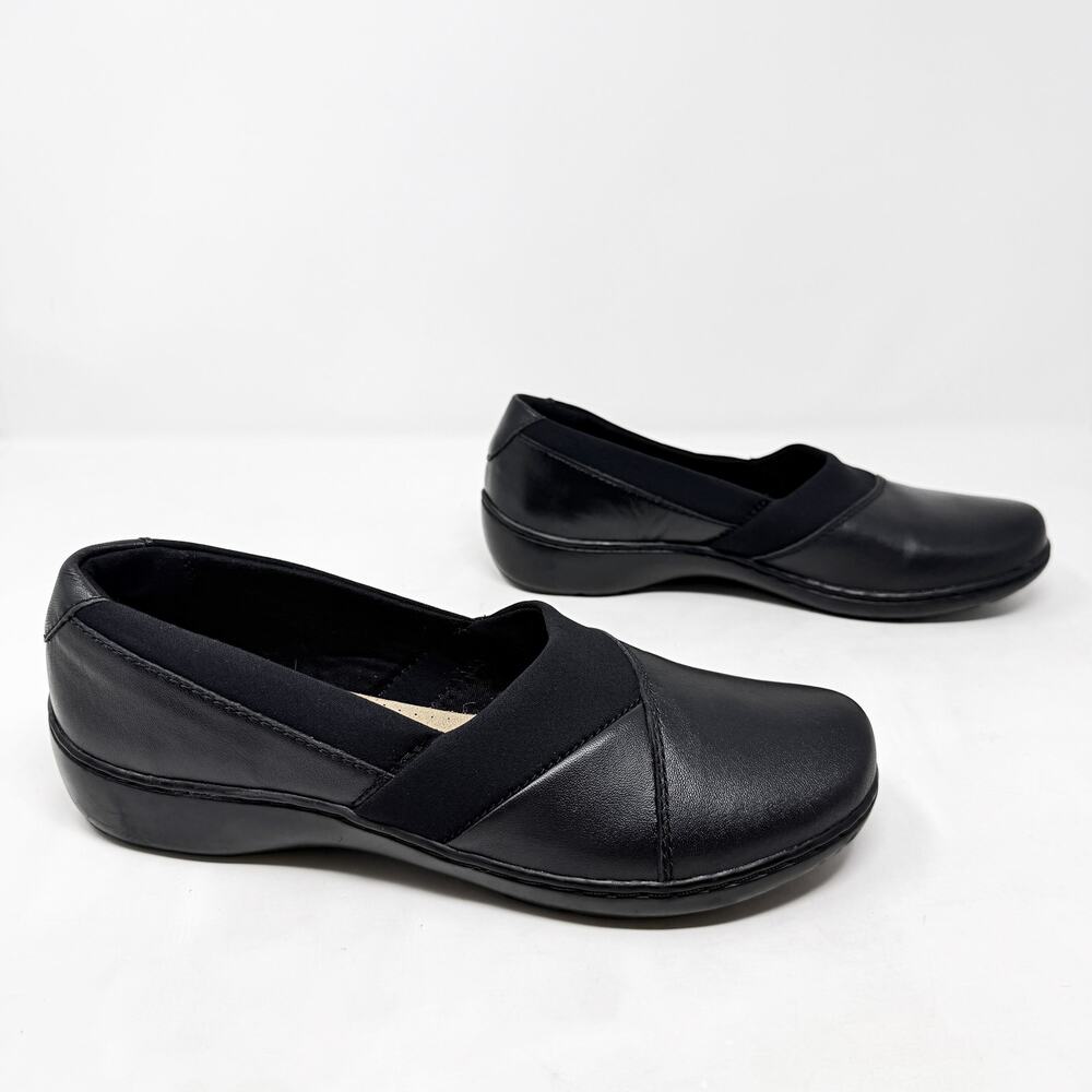 [Clarks] Black Cora Charm Leather Slip On Flats Round Toe Comfort Size 10M